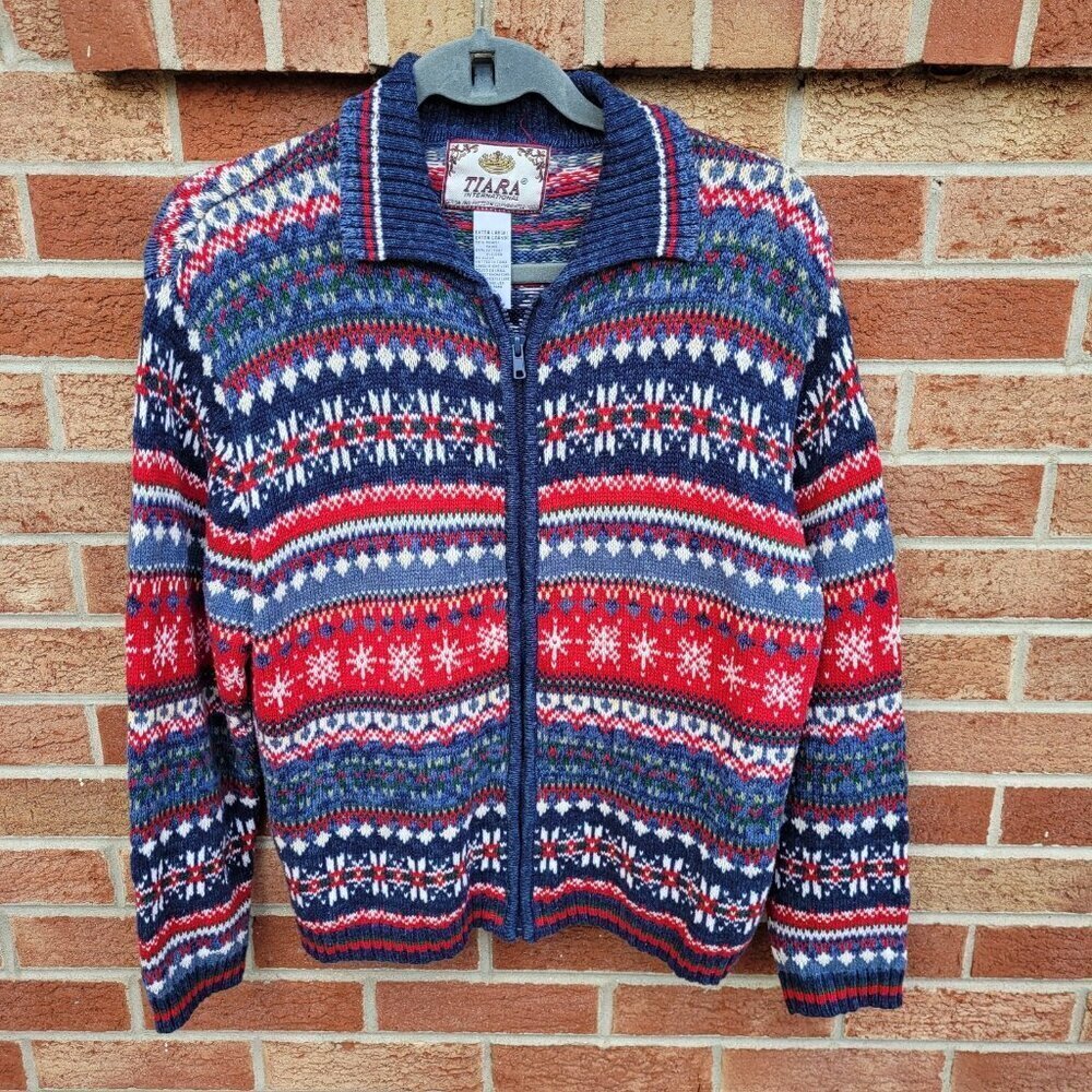 Vintage Tiara International Sweater Women's Size XL Snowflake Full Zip Winter